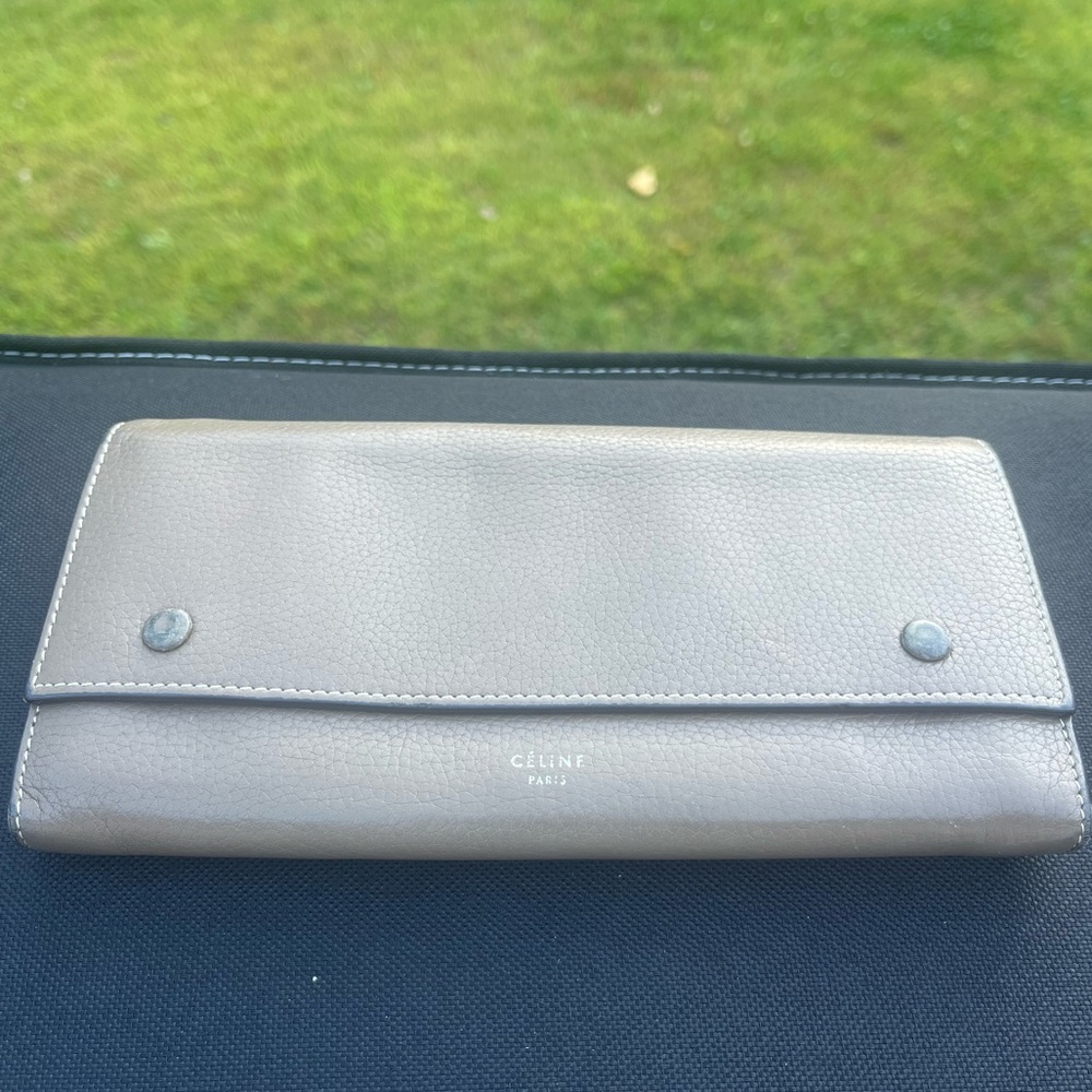 Celine Paris Gray Two Toned snap closure long Wallet pebbled leather preloved